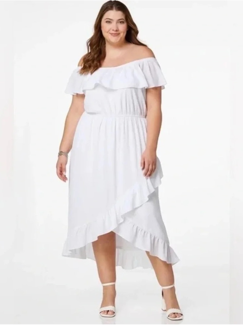 Cato | PLUS SIZE WHITE RUFFLED MIDI DRESS